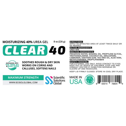 CLEAR 40, 40% Urea Gel, 8 oz w/Tea Tree & Coconut Oil, Aloe Vera Extract, Works on Calluses & Corns, Moisturizes & Softens Cracked Heels, Feet, Elbows, Hands, Nails, Superior Hydration to Urea Creams