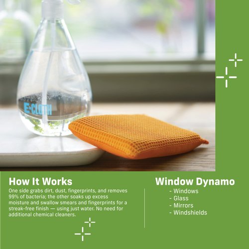 E-Cloth Window Dynamo, Premium Microfiber Glass and Window Cleaner Sponge, Great for Shower Glass Doors, Indoor & Outdoor Windows and Car Windshield, Washable and Reusable, 100 Wash Guarantee, 1 Pack