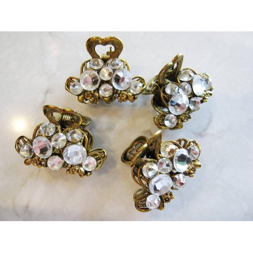 Small mini antique bronze bow metal hair claw clip with crystals bridal clip