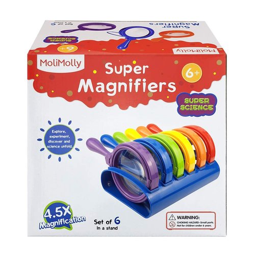 MOLIMOLLY Kids Jumbo Magnifying Glass with Stand- 6 Pieces,Ages 3+, Easy Grasp Primary Science Magnifiers with Stand,Science Classroom Accessories, Teacher Supplies, Observation Toys for Kids