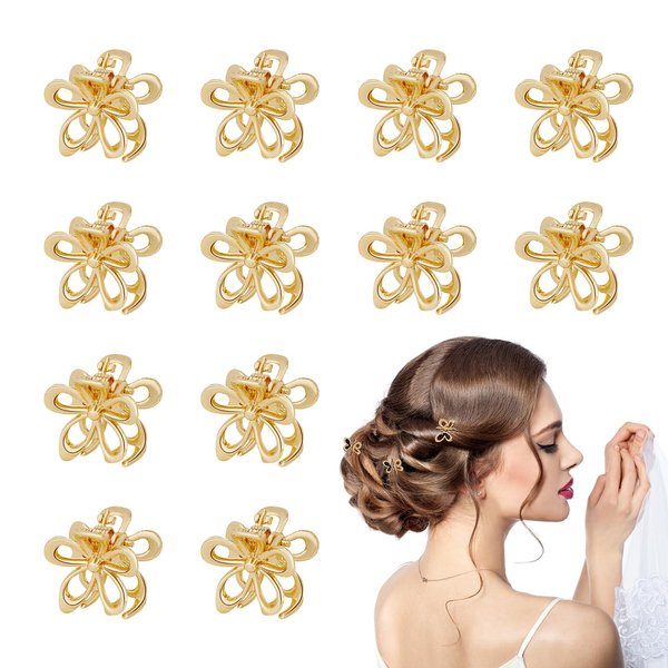 Weigongr Hair Clips, 12PCS Girls Flower Cute Claw Clips, Mini Hair Barrettes, Gold Metal Hair Clips for Thin Thick Hair, Decorative Hair Accessories
