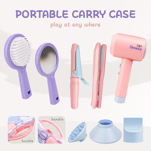 Toy Choi's Kids Hair Salon Toys - Kids Barber Set Pretend Play Makeup Hair Salon Set for Girls with Realistic Blow Dryer, Comb, Carrying Case. Birthday Gifts Hair Salon Toys for Girls 3 4 5 6 Year Old