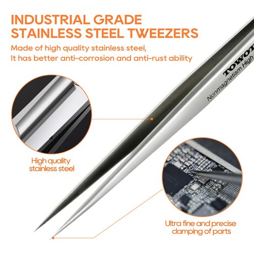 TOWOT Precision Tweezers, Stainless Steel Pointed Tweezers for Craft, Electronics, Soldering, Medical and Experimental Work, Jewelry-Making, Non-Magnetic Industrial Tweezers