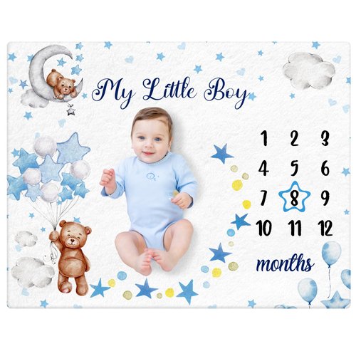 Mindsoft Sleeping Bear Monthly Baby Milestone Blanket Bear Star Balloon Flannel Blanket Boy Newborn Infant Swaddle Blanket Growth Chart Baby Blanket with Frame for Boys Girls Nursery (Blue)