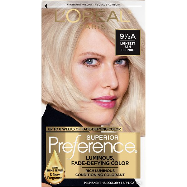 L'Oreal Paris Superior Preference Fade-Defying + Shine Permanent Hair Color, 9.5A Lightest Ash Blonde, Pack of 1, Hair Dye