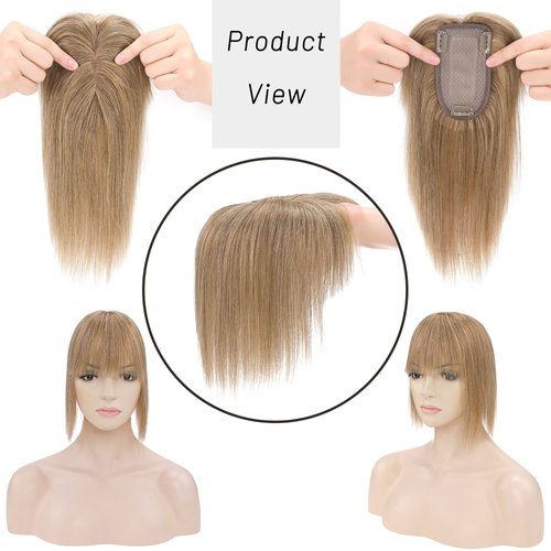 S-noilite 150% Density Human Hair Toppers with Bangs Silk Base Clip in Hair Topper For Women with Thinning Hair Cover Gray Hair Clip on Top Hairpieces For Short Hair 6 Inch 27g #27 Dark Blonde
