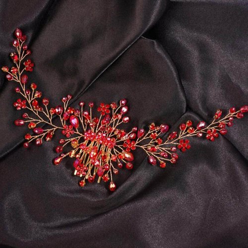 Teyglen Dainty Red Rhinestones Flower Crystal Bride Wedding Hair Comb Headband Hair Accessories with Rhinestones Crystals Bridal Side Hair Combs for Women Bride Girls (Red)