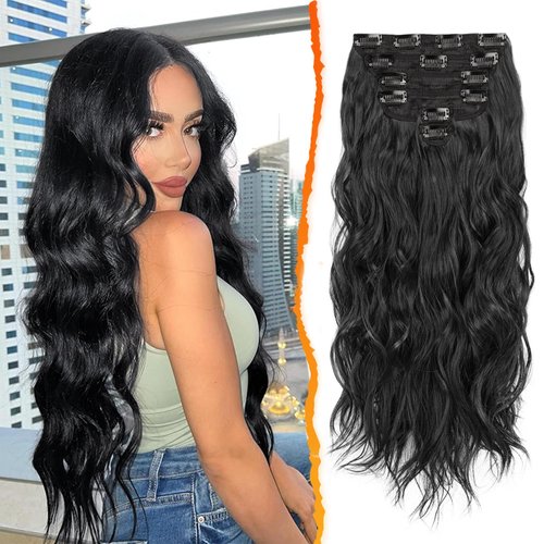 BARSDAR Clip in Hair Extensions for Women - 20 Inch Long Wavy Black Hair Extensions Clip in - 6PCs Full Head Thick Soft Synthetic Clip in Hairpieces Daily Party Halloween- Natural Black