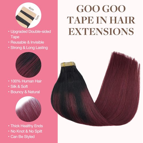 GOO GOO 22inch Hair Extensions Tape in Human Hair Ombre Jet Black to Red Ombre Skin Weft Tape in Remy Hair Extensions Straight 20pcs 50g