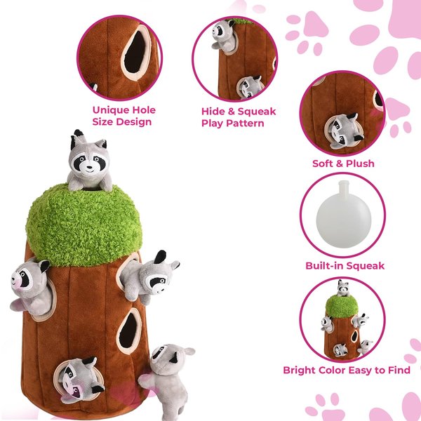 Glow Pups Raccoon in Tree Hide and Seek Dog Toy for Small and Medium Size Dogs, Plush Raccoon Inside Trunk Dog Toy with Squeaker, Interactive Burrow Dog Toy (Tree with Raccoons, Medium)