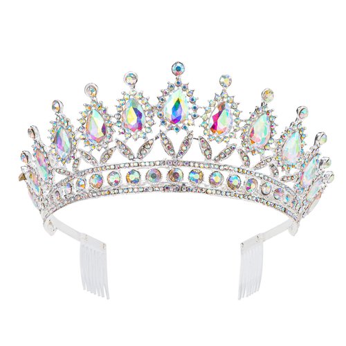 Weddingtopia Crystal Silver Ab Wedding Tiaras and Crowns For Bride Plus Wedding Rhinestone Necklace and Earring Set – Rhinestone Bridal Tiara Crown with side combs (SILVER AB)