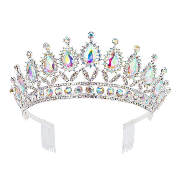 Weddingtopia Crystal Silver Ab Wedding Tiaras and Crowns For Bride Plus Wedding Rhinestone Necklace and Earring Set – Rhinestone Bridal Tiara Crown with side combs (SILVER AB)