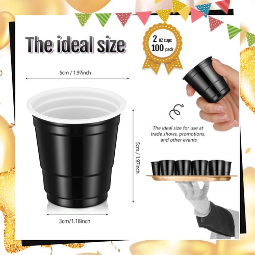 Roshtia 100 Pack 2 oz Easter Plastic Shot Cups, Mini Disposable Shot Glasses 2 oz Small Plastic Cups for Wedding, Graduation Party, Beer Taste Serving, Snacks(Black)