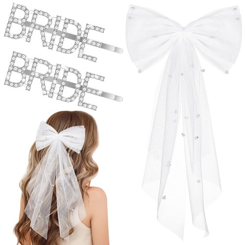 3 Pcs Bachelorette Party Decorations Bridal Pearl White Hair Bow Bridal Silver Hair Clips Letter ...