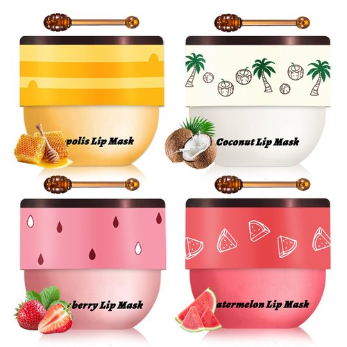 LZXLUKGIR 4PCS Honey Lip Balm Hydrating Honey Lip Mask Overnight Propolis Bee Balm Lip Balm Prevention Dry and Cracked Lip Scrub Exfoliator (Honey+Strawberry+Coconut+Watermelon)