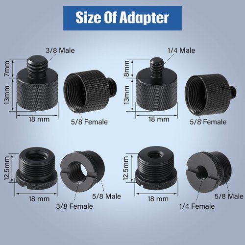 8 Pieces Mic Stand Adapter 5/8 Female to 3/8 Male and 3/8 Female to 5/8 Male, 5/8 Female to 1/4 Male and 1/4 Female to 5/8 Male Screw Thread Adapter Mic Thread Adapter Set for Microphone (Black)