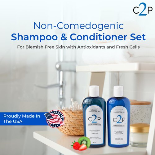 Non-Comedogenic & Sulfate-Free Shampoo & Conditioner Set by Clear 2 Perfection, Ideal for Acne-Prone Skin & Bacne, Esthetician Developed, Fights Breakouts & Promotes Healthy Hair