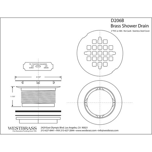 Westbrass D206B-62 2" No-Caulk Brass Compression Shower Drain with 4-1/4" Round Grid Cover, 1-Pack, Matte Black