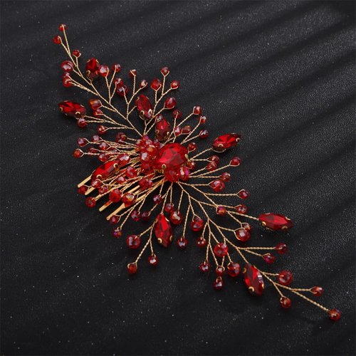 Aimimier Bridal Red Crystal Hair Comb Ruby Rhinestone Gold Hair Vine Side Comb Prom Party Festival Wedding Hair Accessories for Women (Red)