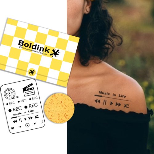 Boldink Semi-permanent tattoos, realistic fake tattoos, last 7-15 days, waterproof non-reflective temporary tattoo stickers, cruelty-free, uniquely designed exquisite packaging（Movie and music player）