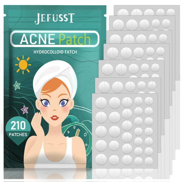 Jefusst Pimple Patches 210 Counts Three Sizes, Hydrocolloid Patch Invisible with Tea Tree Oil, Acne Patches, Zit Patches for Face, Acne Spot Treatment