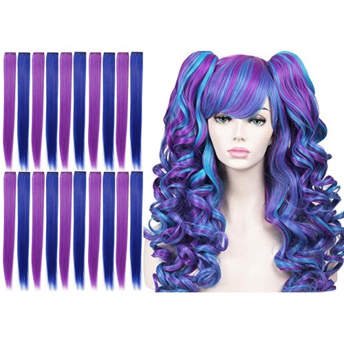 22 Inch Multiple color Party Highlights Straight Hair Clip Extension/Hair Extensions Cospaly Fashion Party Christmas Gift Straight Hairpieces for Women Teens Girls Kids 10 PCS (Purple + Blue)