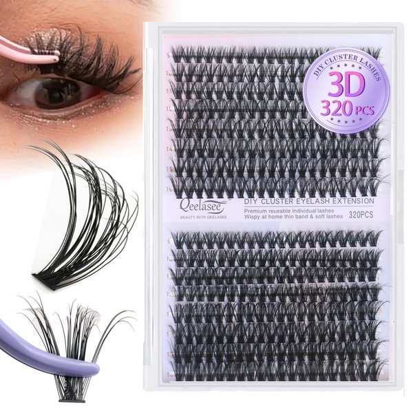 3D Effect Qeelasee 30D/40D Mixed Lash Clusters Eyelash Extensions Wispy Individual DIY Eye Lashes Natural Volume Mix9-16mm 320pcs(3D effect, 30D+40D-Mix9-16)