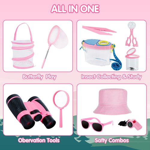 GINMIC kids Outdoor Explorer Kit, Bug Catcher Kit for Kids, Great Toys Gift for Boys & Girls Age 3-12 Year Old, Outdoor Educational Toy with Hat, Binoculars, Butterfly Net, Bug Collector.