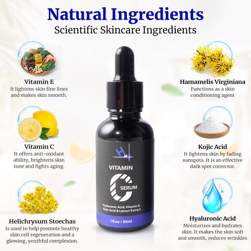 HM Vitamin C Face Serum with Kojic Acid, Hyaluronic Acid & Vitamin E – Anti Aging Skin Conditioning, Brightening & Hydrating - Dark Spot Corrector