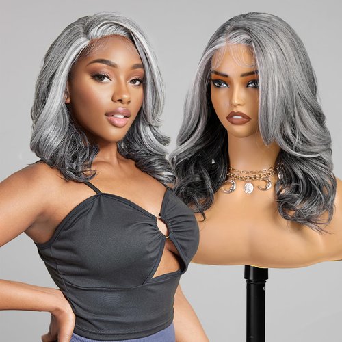 KOME Grey Synthetic Lace Front Wig,13X5X1 Body Wave Pre Plucked Grey Short Bob Wigs,Glueless Wigs...