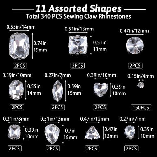 Joez Wonderful 170Pcs Glass Sew on Rhinestones, 11 Mixed Shapes Big Rhinestones Sew on Gems for Crafts, Dress Embellishments Rhinestone Stones for DIY Craft Shoes Dress Jewelry Making, White