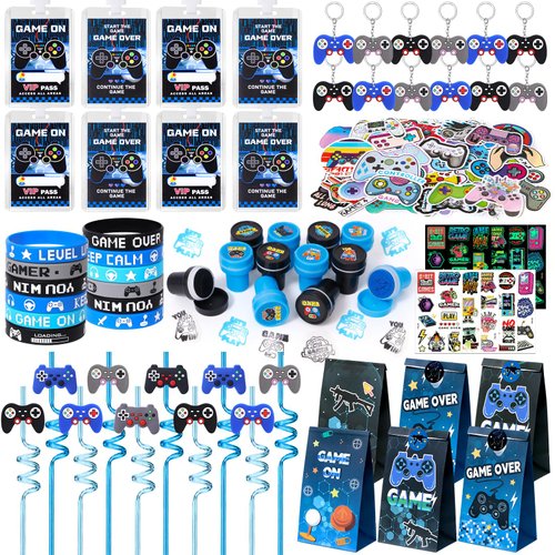 Winrayk 136Pcs Kids Video Game Party Favors Gamer Birthday Supplies, Straw VIP Pass Bag Bracelet Stamper Glow Sticker Keychain, Pinata Filler Goody Stuffer Girl Boy Game On Gaming Party Favors Decor