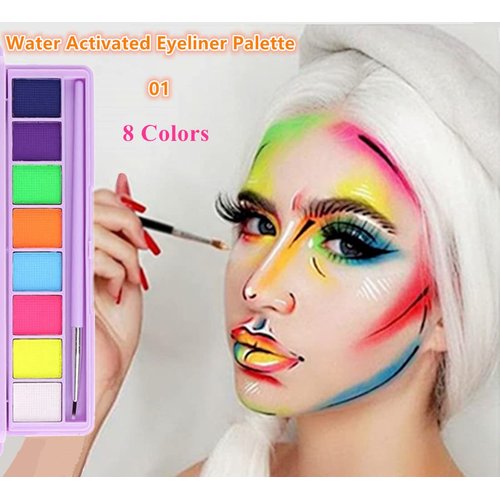 Go Ho 8 Colors Water Activated Eyeliner Palette,High Pigment Bright Vibrant Fluorescent Rainbow Colorful Eye/Face/Body Paint,Matte and UV Paint Graphic Eyeliner with Brushes-01