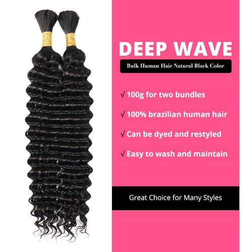 PEEKABOO Braiding Hair Bulk Deep Wave for No Weft 100% Unprocessed Brazilian Real Human Hair Extensions And 10A Deep Wavy Natural Black 24 inch for Two Bundles 100g(1 Bundle 50g) Micro Braiding Hair