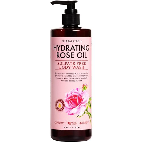 PHARM TO TABLE Hydrating Rose Oil Body Wash for Women and Men - Hydrates and Brightens the Skin, Sulfate Free, 100% Cruelty Free, 480ml