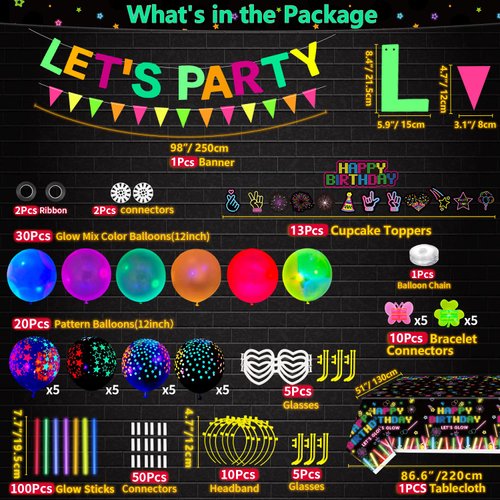 255 Pack Glow Neon Party Supplies Glow Sticks Party Decorations Black Light Reactive Decor Set - Fluorescent Banner, Glow in The Dark Balloons, Neon Tablecloths, Cake Toppers, Light Up Sticks, Glasses