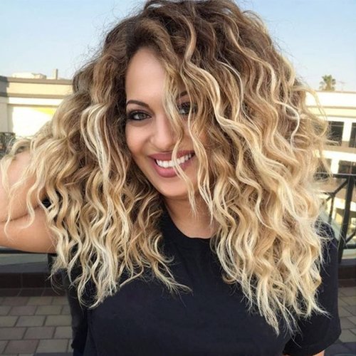 Fencca Ombre Blonde Curly Wigs for Women Medium Length Synthetic Wig Afro Wave Curly Free Part Fl...