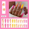 24 Pcs Acrylic Press on Nails Long Fake Nails Colorful Stripes Glue on Nails Coffin Shaped False Nails with Yellow Rose Red Color Glossy Stick on Nails for Women Girls