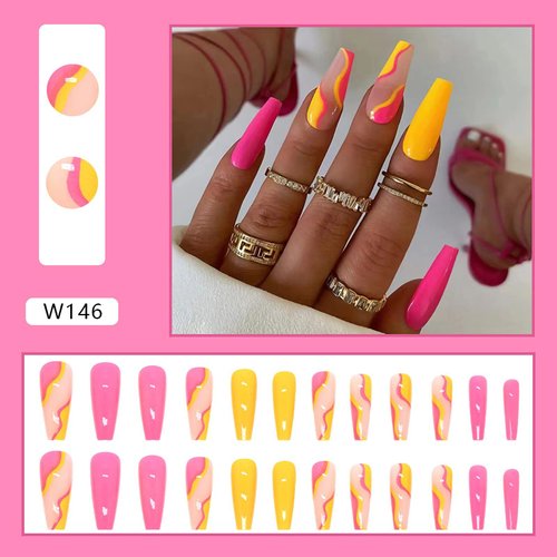 24 Pcs Acrylic Press on Nails Long Fake Nails Colorful Stripes Glue on Nails Coffin Shaped False Nails with Yellow Rose Red Color Glossy Stick on Nails for Women Girls