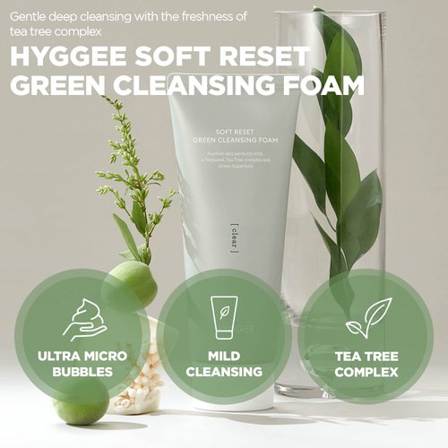 HYGGEE Soft Reset Green Cleansing Foam - Gentle Face Wash with Tea Tree Extract - Ultra Micro Bubbles Mild Facial Cleanser for Sensitive Skin- Soothes & Moisturizes Irritated Skin, 5.07oz.