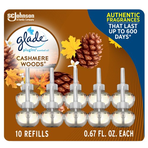 Glade PlugIns Scented Oil 10 Refills, Air Freshener, Cashmere Woods, 10 x 0.67 oz