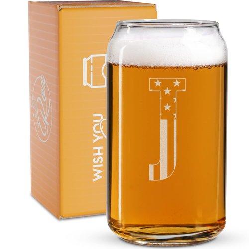 Monogram Beer Glasses for Men (A-Z) 16 oz - Engraved Beer Gifts for Men Brother Son Dad Neighbor - Unique Christmas Gifts for Him - Personalized Drinking Gift Beer Glass Mugs (J)