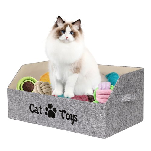 BinWhiz 19.7 in Cat Toy Bin, Cat Toy Storage Box Kitten Toy Basket Collapsible Pet Supplies Storage Chest Holder Organizer with Handles for Organizing Dogs Cats Toys Clothes Accessories, Gray