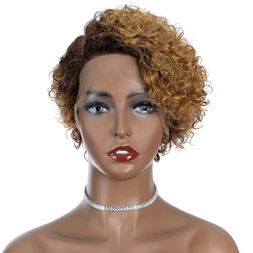 Rebecca Fashion Ombre Brown Blonde Curly Pixie Cut Lace Front Wigs Human Hair Water Wave Short Pixie Cut Wig Side Part 13x5.5x0.5 HD Lace Pixie Cut Lace Front Wigs Human Hair