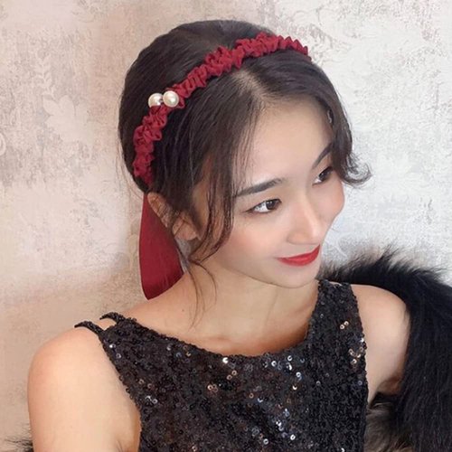 Jumwrit Pearl Headband with Long Ribbon Wrapped Headband Big Bowknot Headband Solid Color Headband for Women Girls Non-Slip Hair Band Elastic Hair Hoop(Red)
