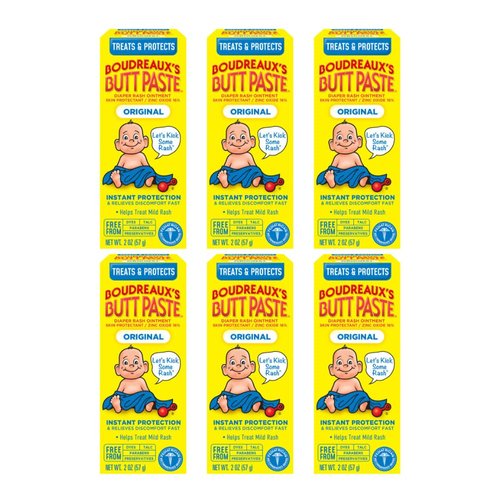 Boudreaux's Butt Paste Original Diaper Rash Cream, Ointment for Baby, 2 oz Tube (Pack of 6)