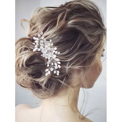 Yean Wedding Hair Comb Silver Pearl Bridal Hair Piece Flower Hair Accessories Crystal Hair Jewelry for Women and Girls