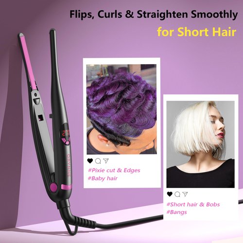 ORYNNE Small Flat Irons for Short Hair, 5s Ultra Fast Heat Up Pencil Flat Iron, Negative Ions Mini Flat Iron for Edges, 3/10'' Travel Mini Hair Straightener with Digital Temp Control, Easy to Use