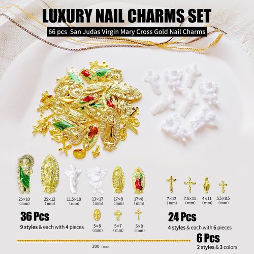66pcs San Judas Tadeo Virgin Mary Cross for Acrylic Nails 3D Nail Charms Rhinestones Angel Gold Alloy Metal Decorations Religious Gems Jewels Vintage DIY Nail Tip Manicure Supplies Accessories