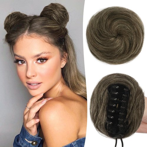 RUWISS 2 Pcs Mini Claw Clip Human Hair Bun Hair Pieces Hair Space Buns Clip in Messy Cat Ears Hai...